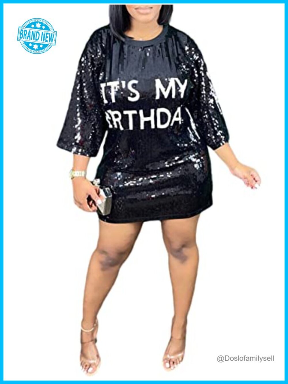 Glitter Sequin Graphic Print Half Sleeve Mini Shirt Dress Crew Neck Party